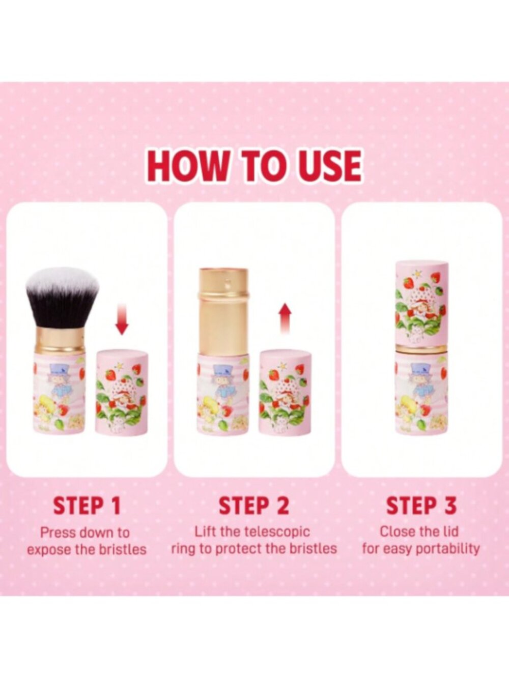 Strawberry Shortcake Retractable Powder Brush Cute Strawberry Cartoon Makeup - Picture 4 of 4